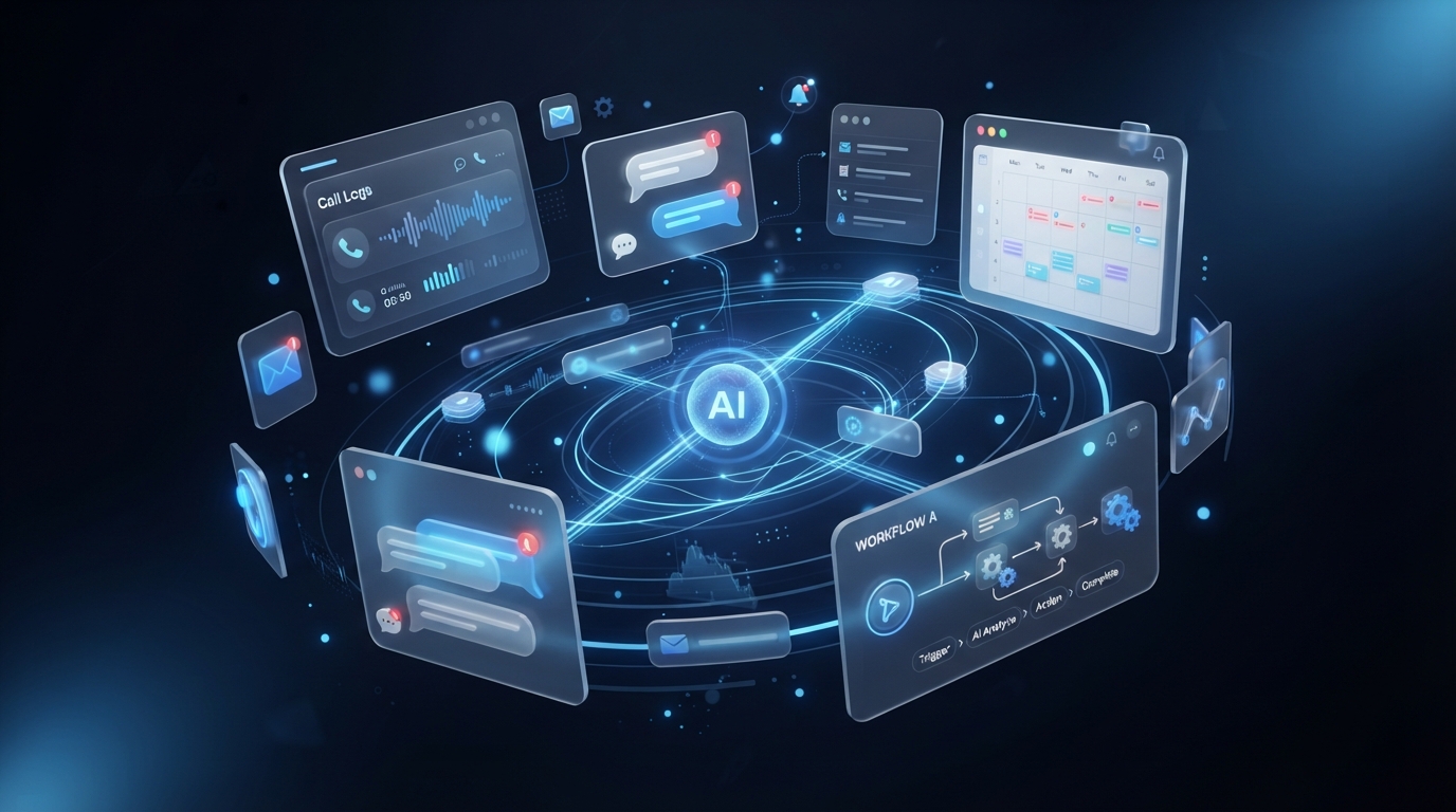 AI business automation dashboard with phone calls, chat, appointments, and workflow automation