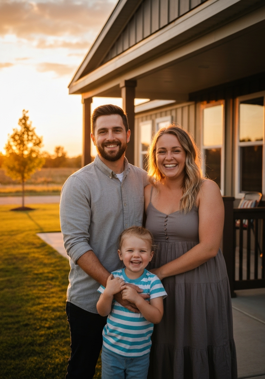 Happy family in front of their new home