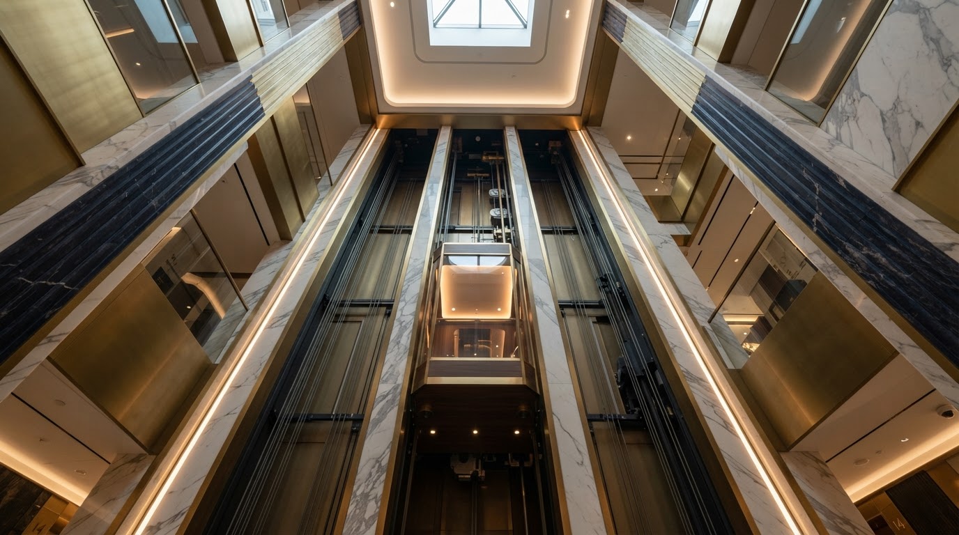 Looking up a luxury elevator shaft toward soft light — the path upward