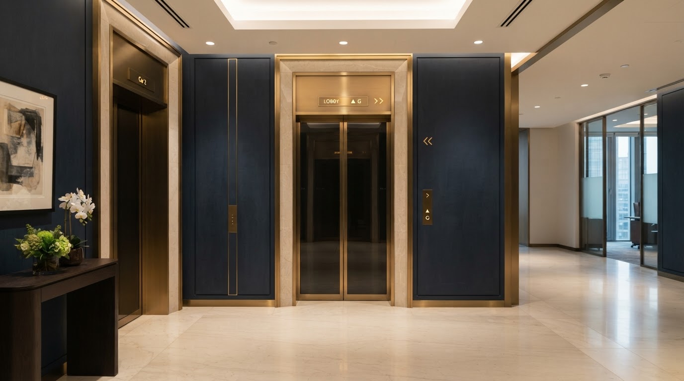 Luxury architectural elevator doorway in a sophisticated financial building interior