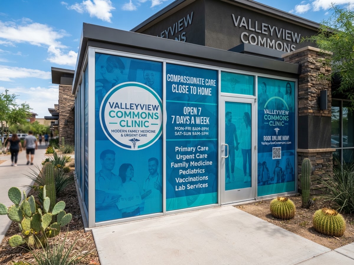 Storefront wrapped with custom perforated vinyl branding in RGV