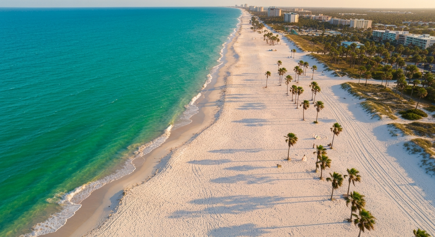 Aerial view of South Padre Island Texas with turquoise Gulf waters