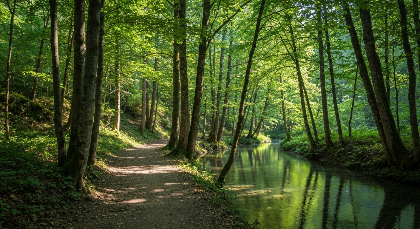 Sunlit forest path and stream illustrating slowing down in therapy and nature-based healing in Victoria, BC