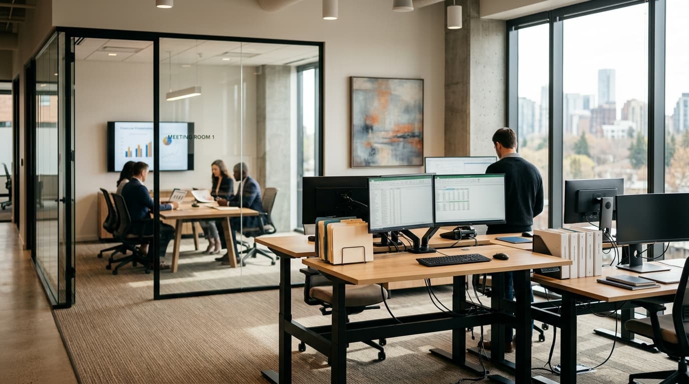 Modern accounting firm office with glass conference room and standing desks