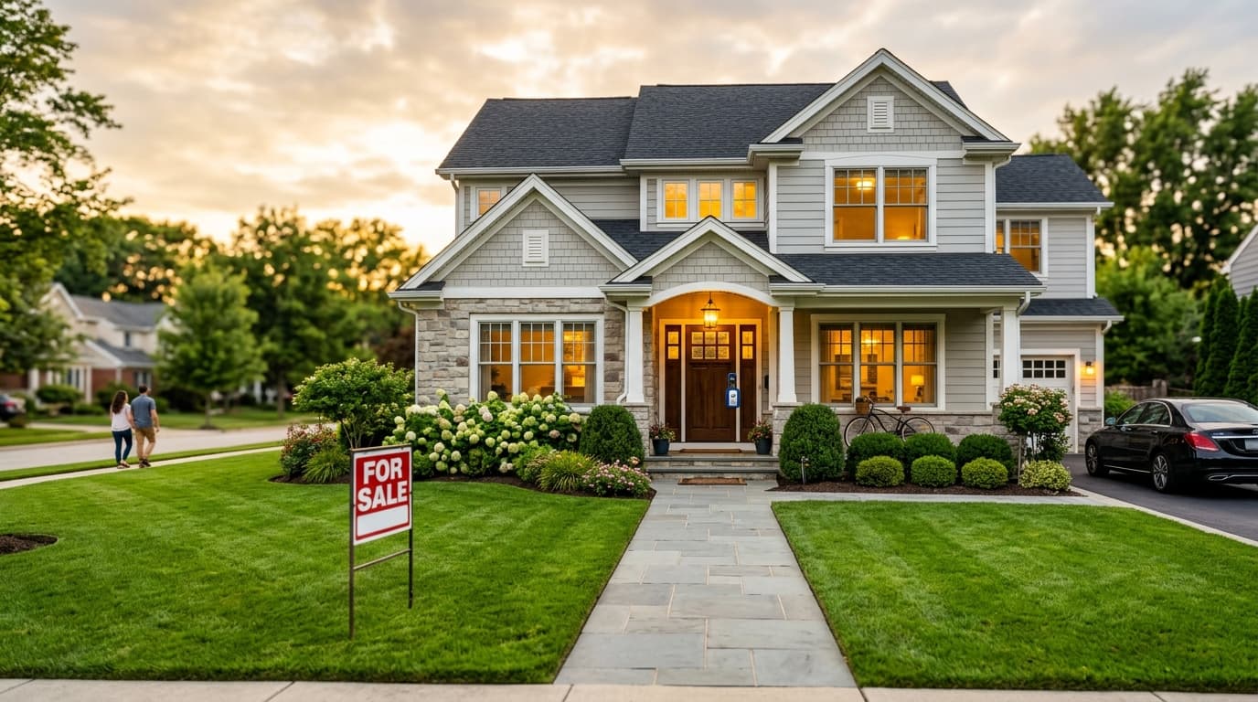 Beautiful home with for-sale yard sign