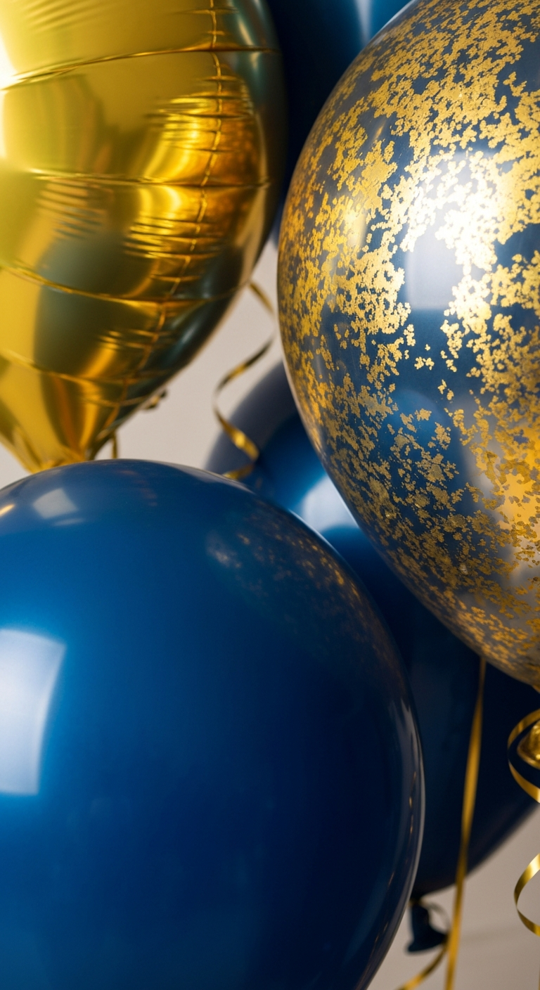 Close up of gold and blue balloons