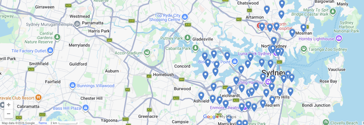 Map highlighting NeatWeeds service areas in Sydney