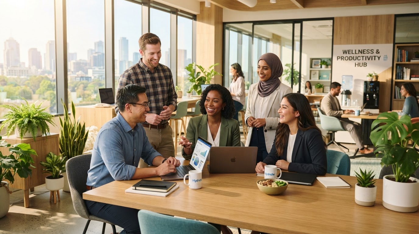 Diverse business professionals working productively in a modern office setting