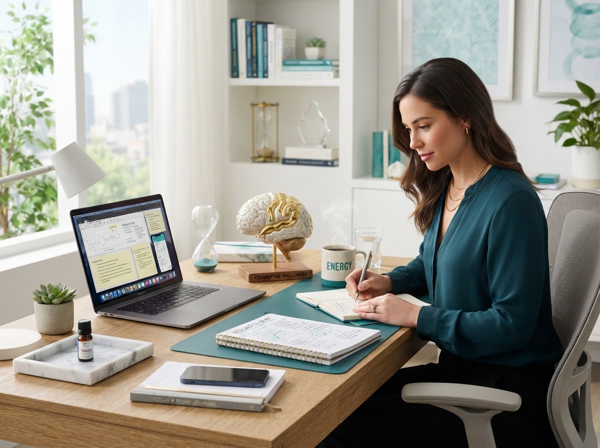 Bright workspace with brain model representing focus and energy