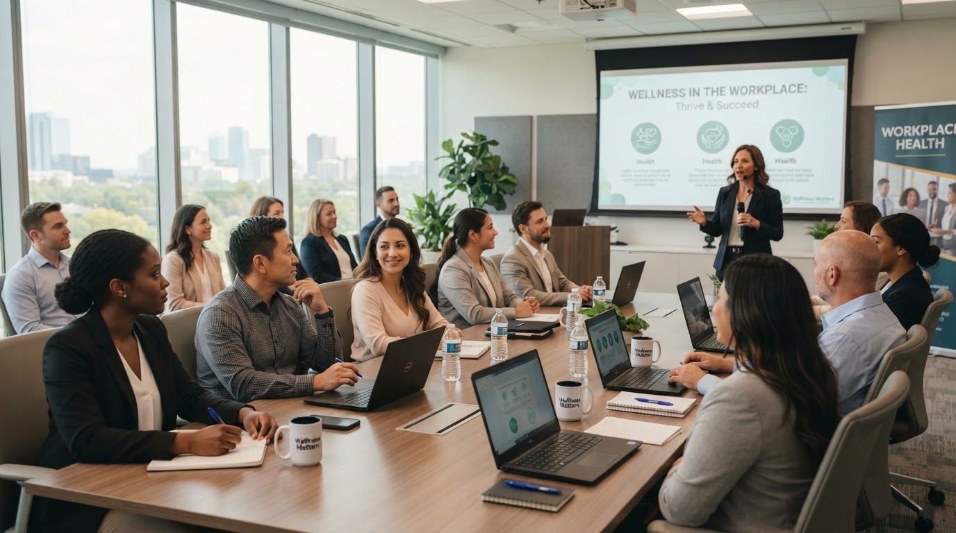 Business team gathered for a workplace health education seminar in a modern conference room
