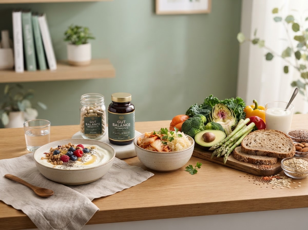 Probiotic supplements with yogurt and fresh vegetables for gut health