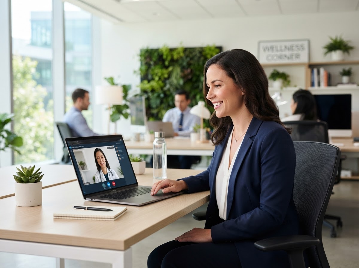 Business professional participating in a virtual telehealth video call from a modern office
