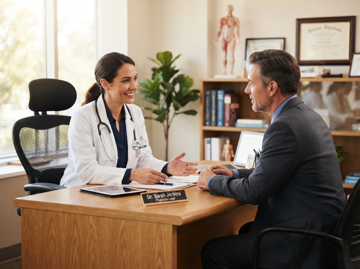 Female physician consulting with a business professional in a warm medical office