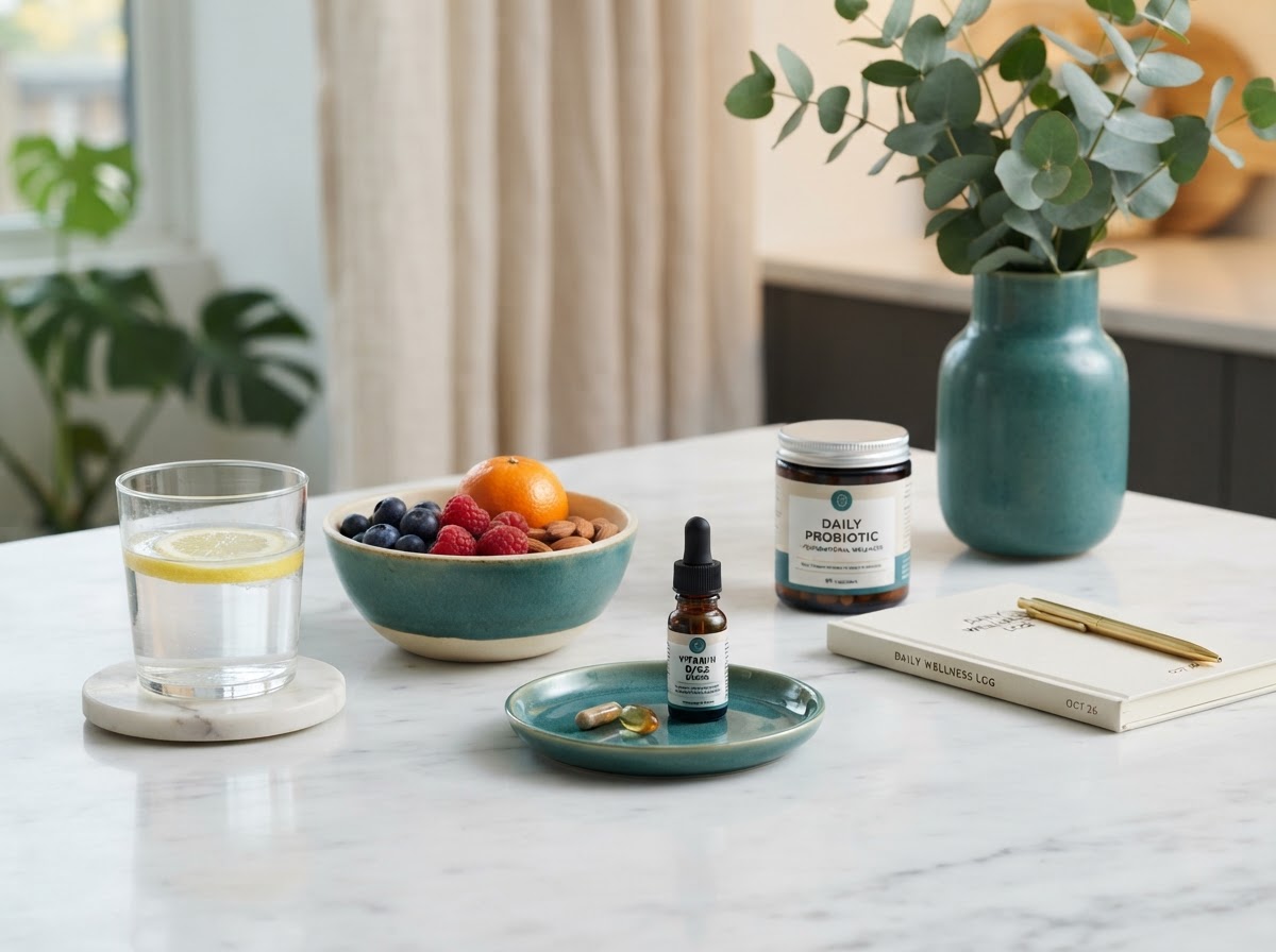 Daily multivitamins with fresh fruits and wellness essentials