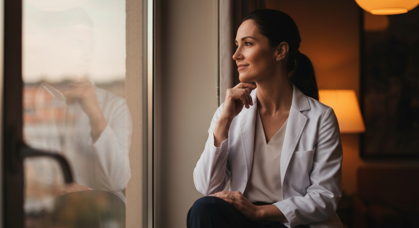 Physician looking thoughtfully out of a window