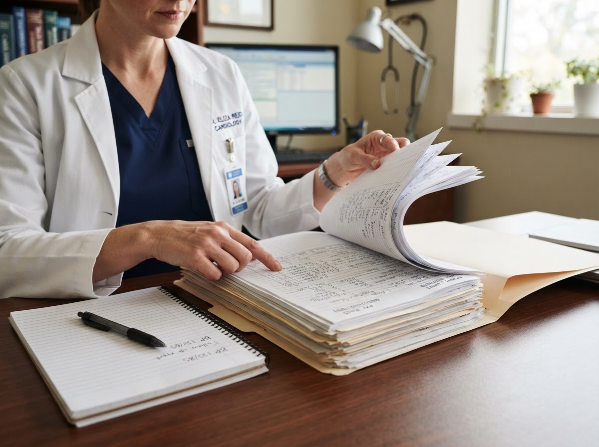 Physician reviewing a thick stack of medical records and charts at a desk