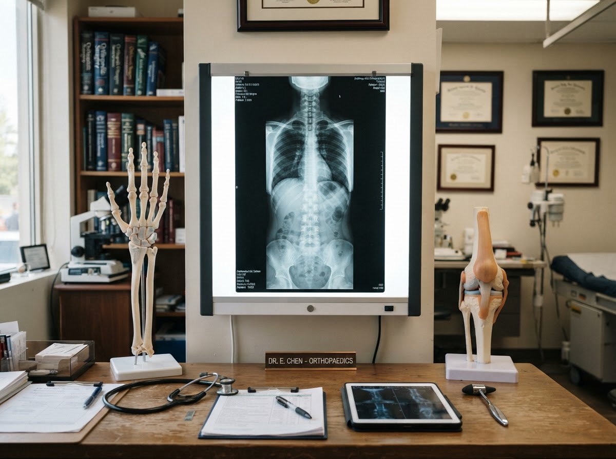 Spine X-ray on a lightbox with orthopedic anatomical models