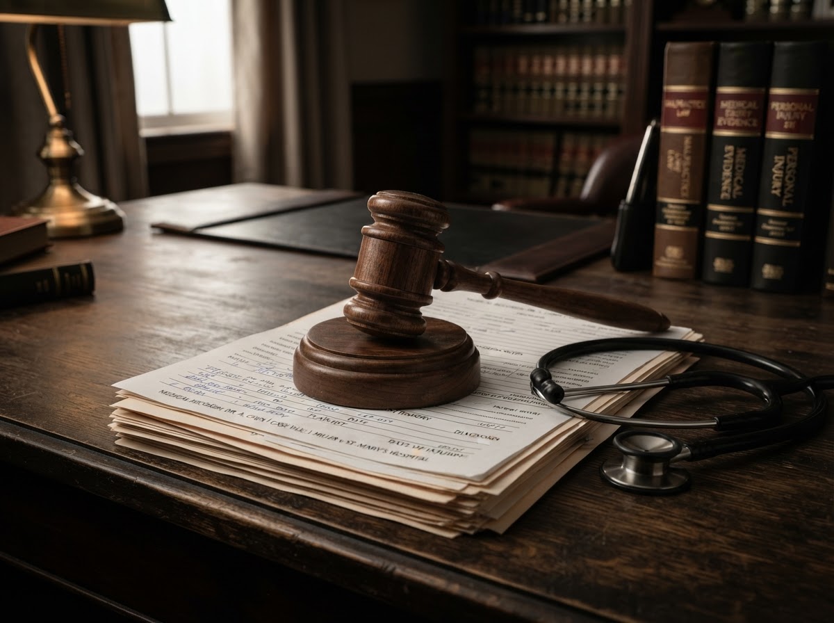 Judge's gavel resting on medical records and a stethoscope