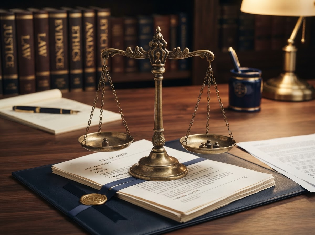 Brass balance scale on a desk symbolizing objective analysis