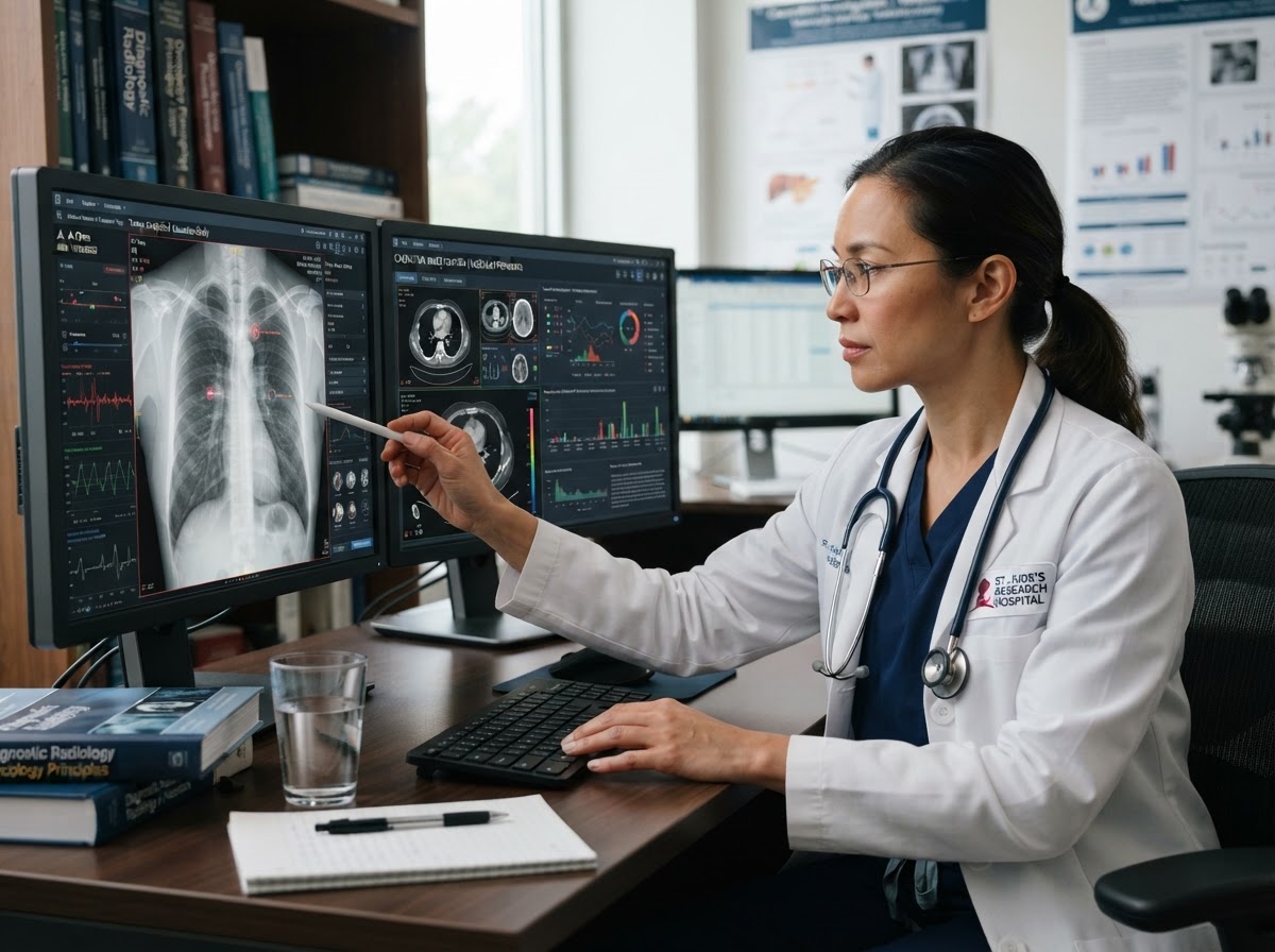 Doctor analyzing medical data and X-ray images on a computer screen