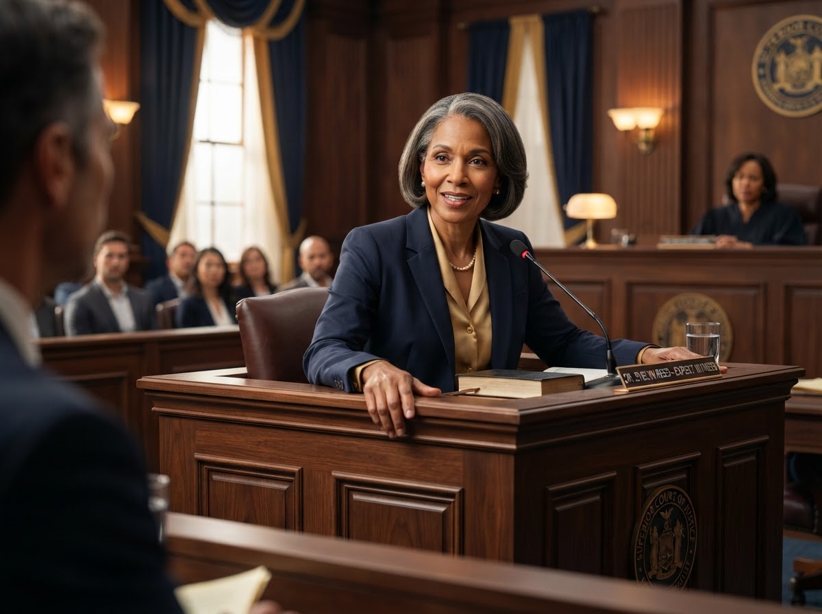 Physician testifying at the witness stand in a courtroom