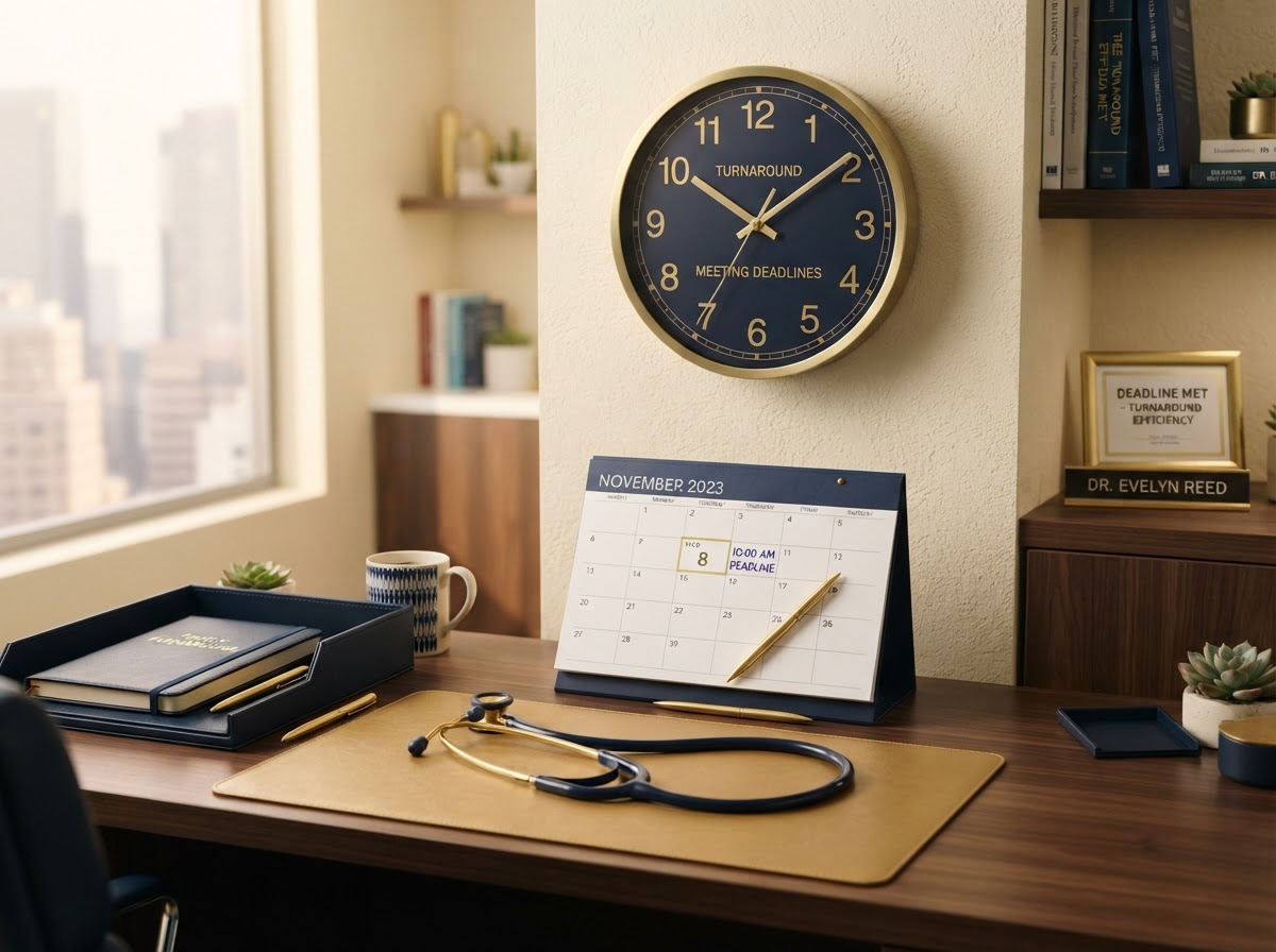 Wall clock and calendar with a stethoscope symbolizing timely turnaround