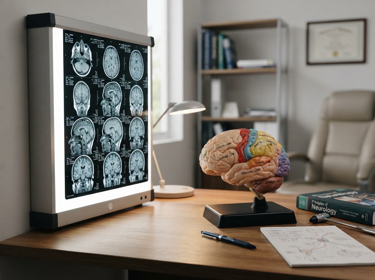 Brain MRI scan on a lightbox with an anatomical brain model
