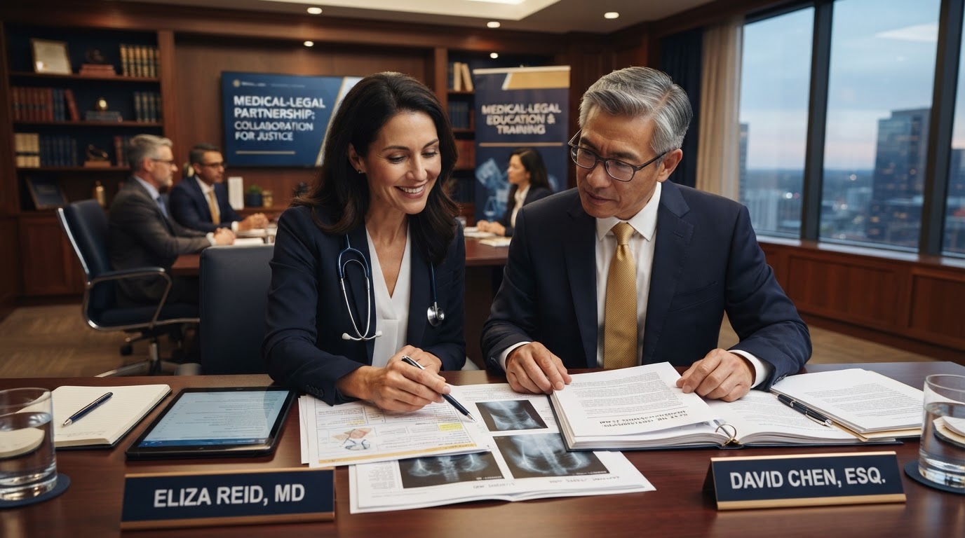 Physician and attorney collaborating over medical charts and legal documents during training