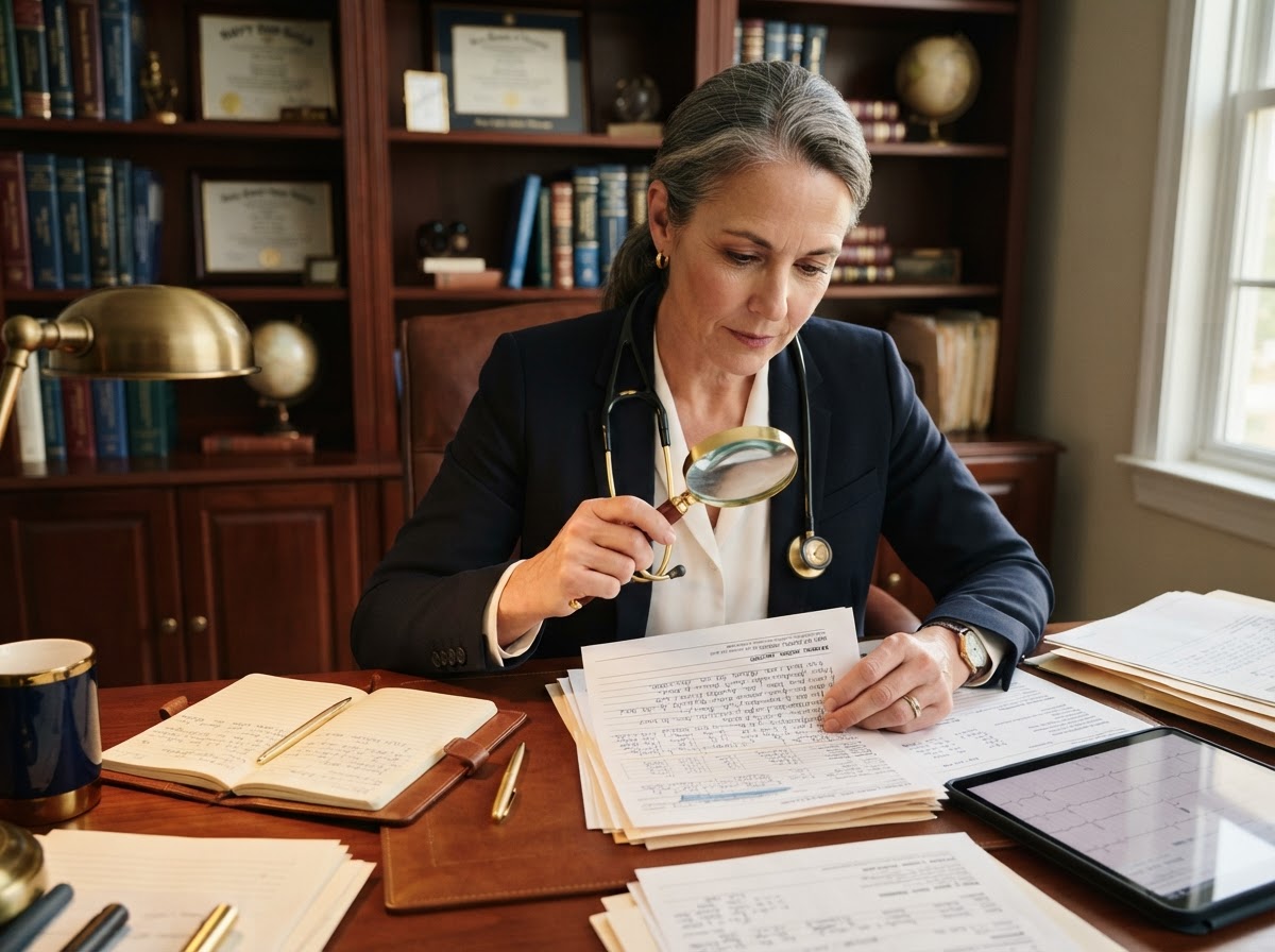 Physician using a magnifying glass to review detailed medical records