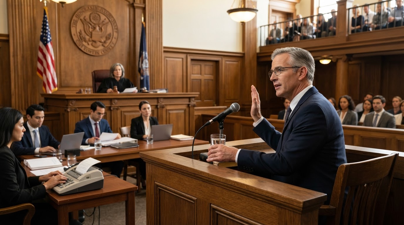 Physician testifying at a witness stand in a courtroom