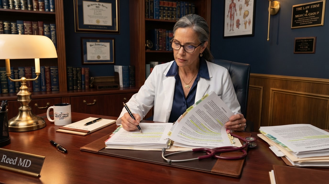 Physician reviewing legal case documents in a professional office