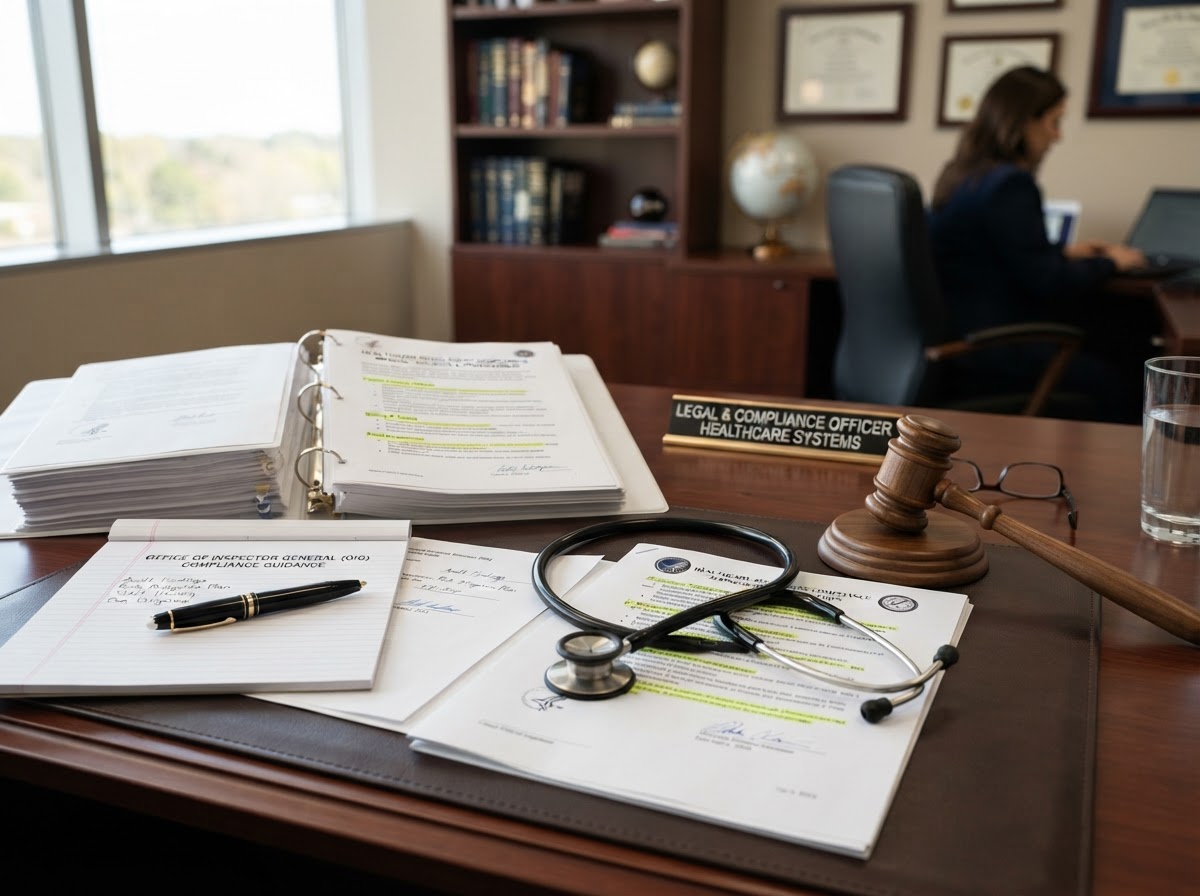 Healthcare compliance documents with a stethoscope and a gavel on a desk