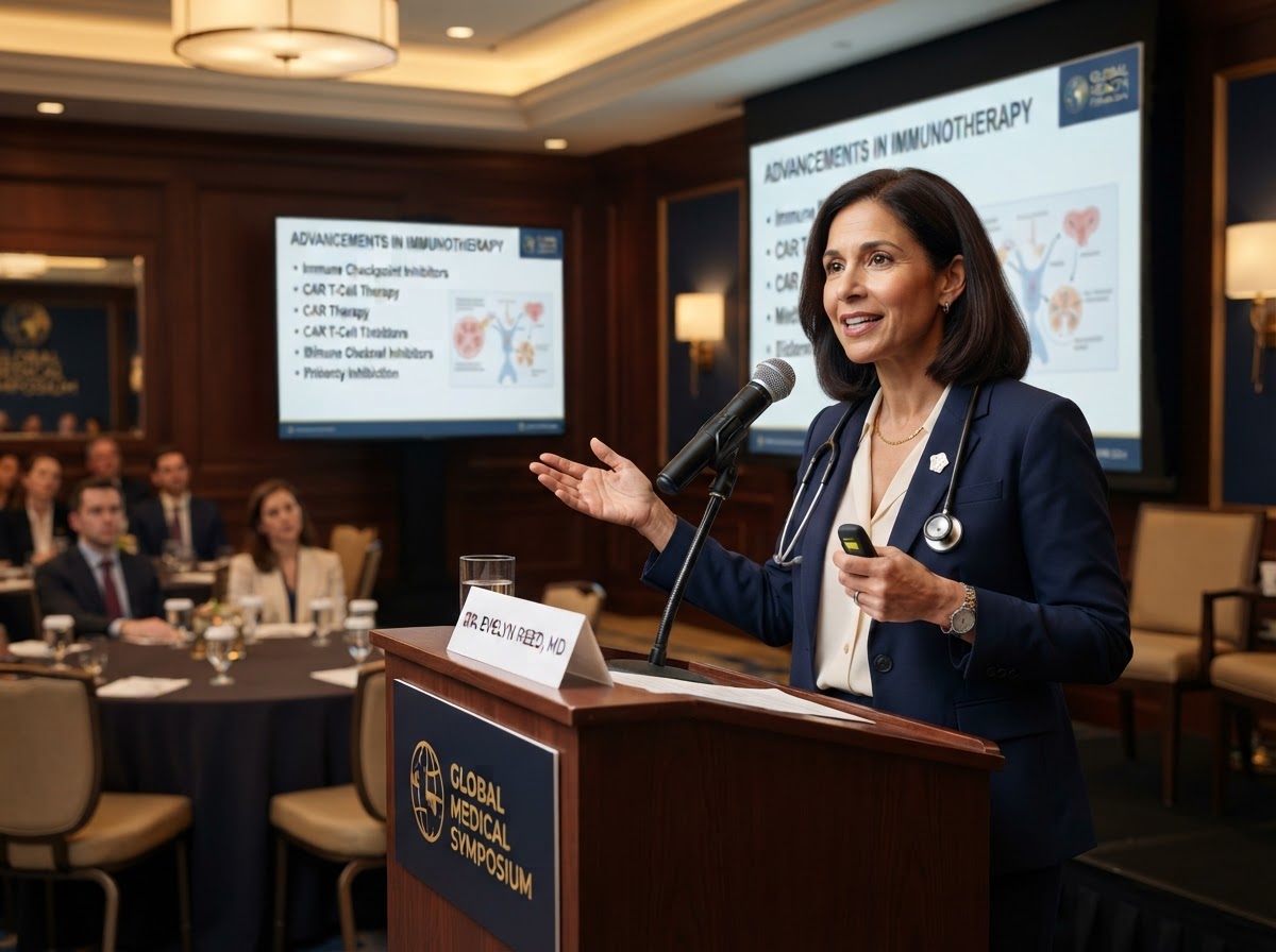 Physician explaining medical concepts at a podium