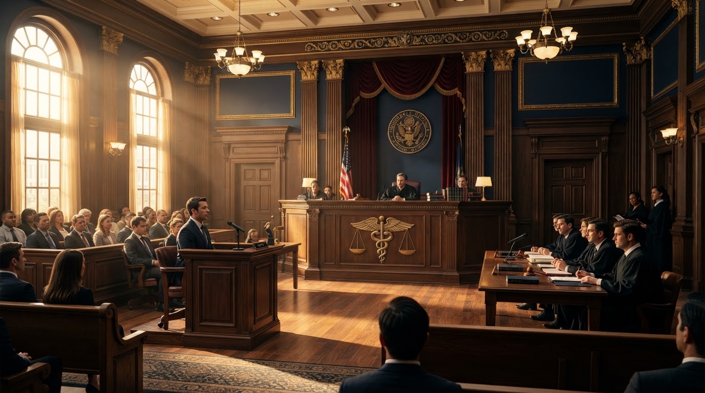 Interior of a grand courtroom with witness stand and judge's bench