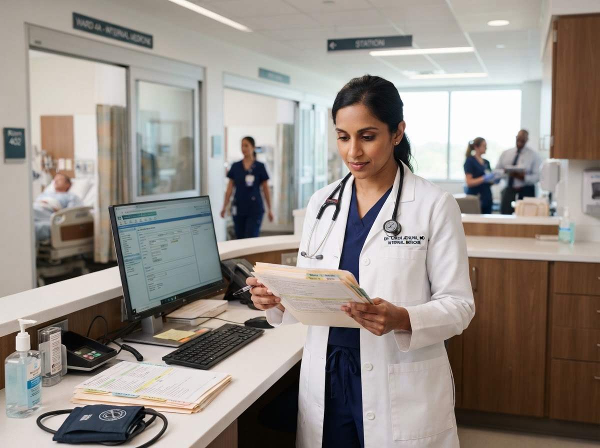 Internal medicine hospital doctor reviewing patient charts in a hospital ward