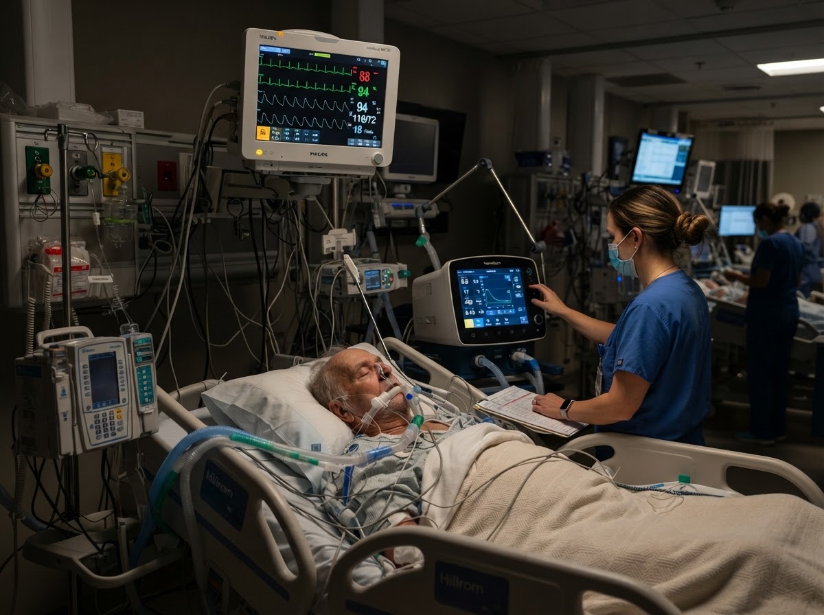 Intensive care unit with patient monitors and ventilator equipment