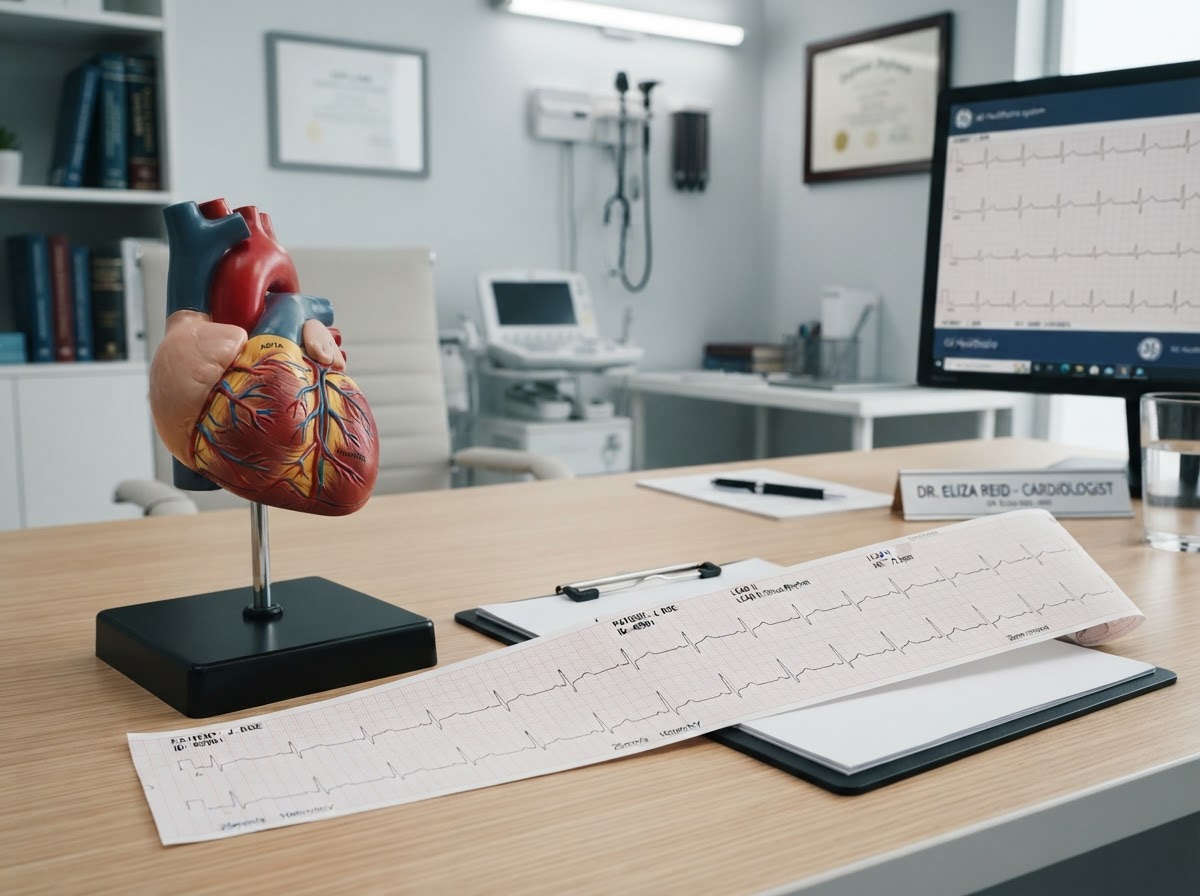 Human heart model beside an ECG electrocardiogram printout