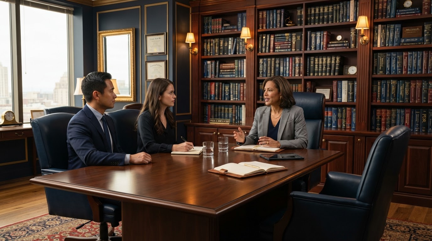 Professional consultation office with conference table and reference books
