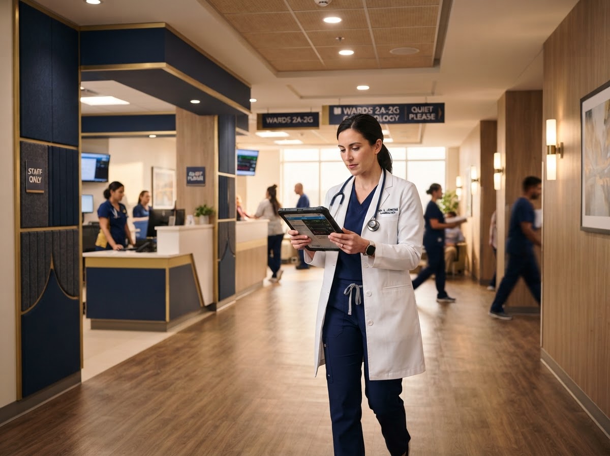 Doctor walking through a modern hospital hallway reviewing a tablet