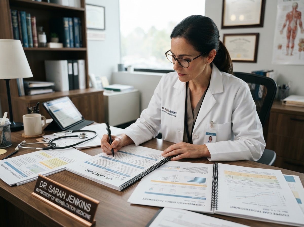 Physician reviewing a life care plan document with medical charts
