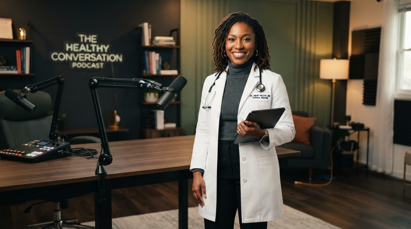 Bertina M. Hooks, MD, in a podcast studio setting