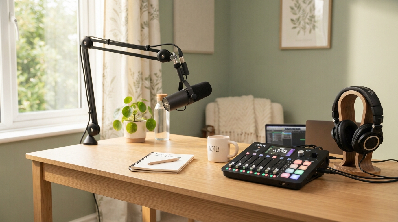 Bright podcast studio with microphone, headphones, and mixing board