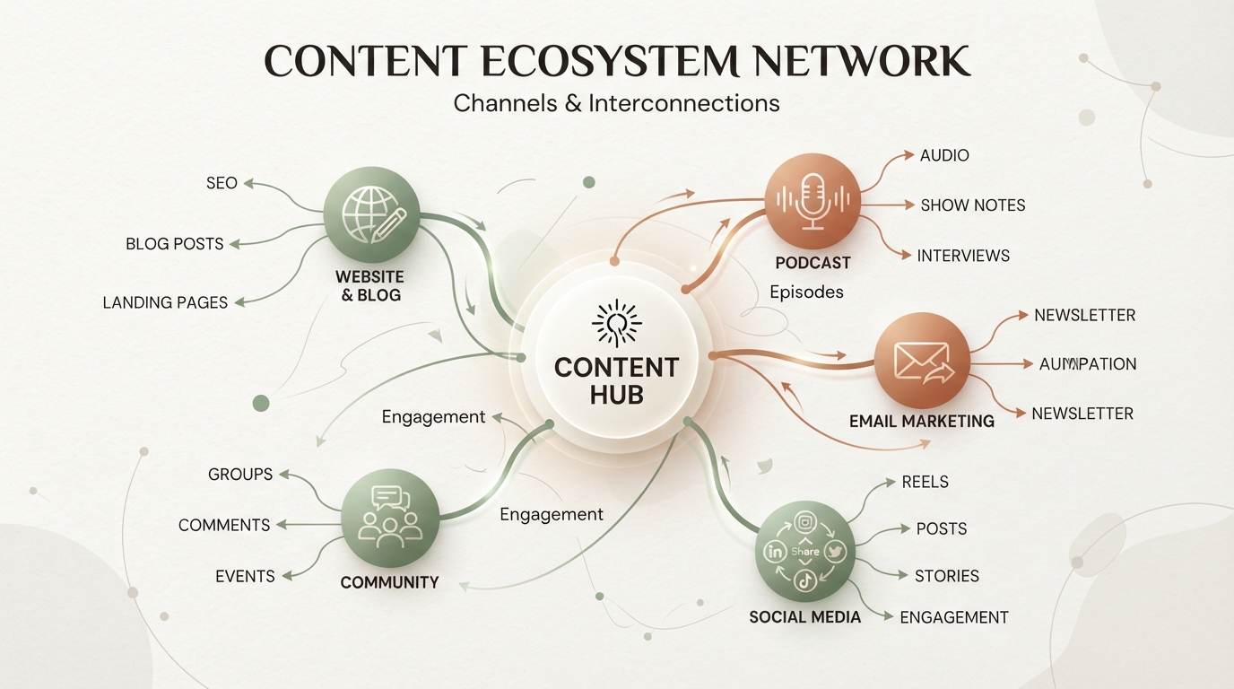 Content ecosystem showing podcast, social media, email, and website distribution channels