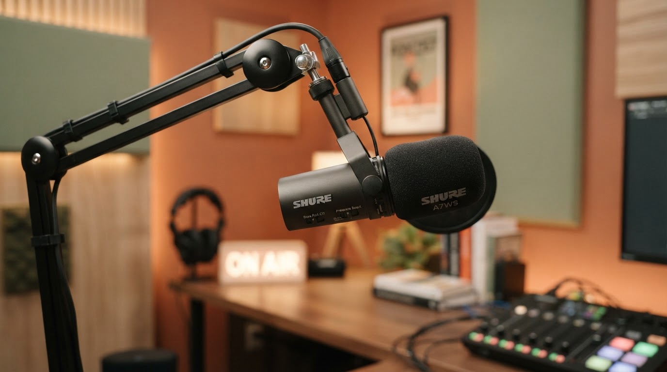 Professional broadcast microphone in a warm podcast studio