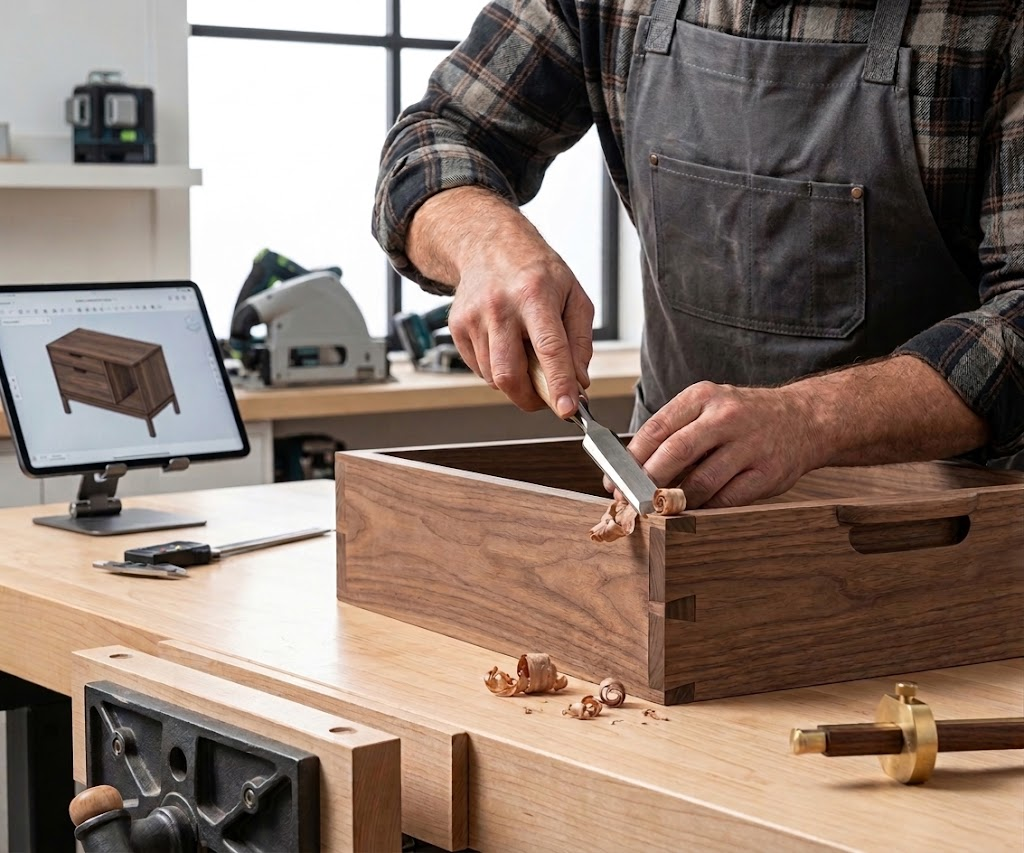 Woodworker hand-chiseling a dovetail joint by Custom Furniture and Design, Bantam CT