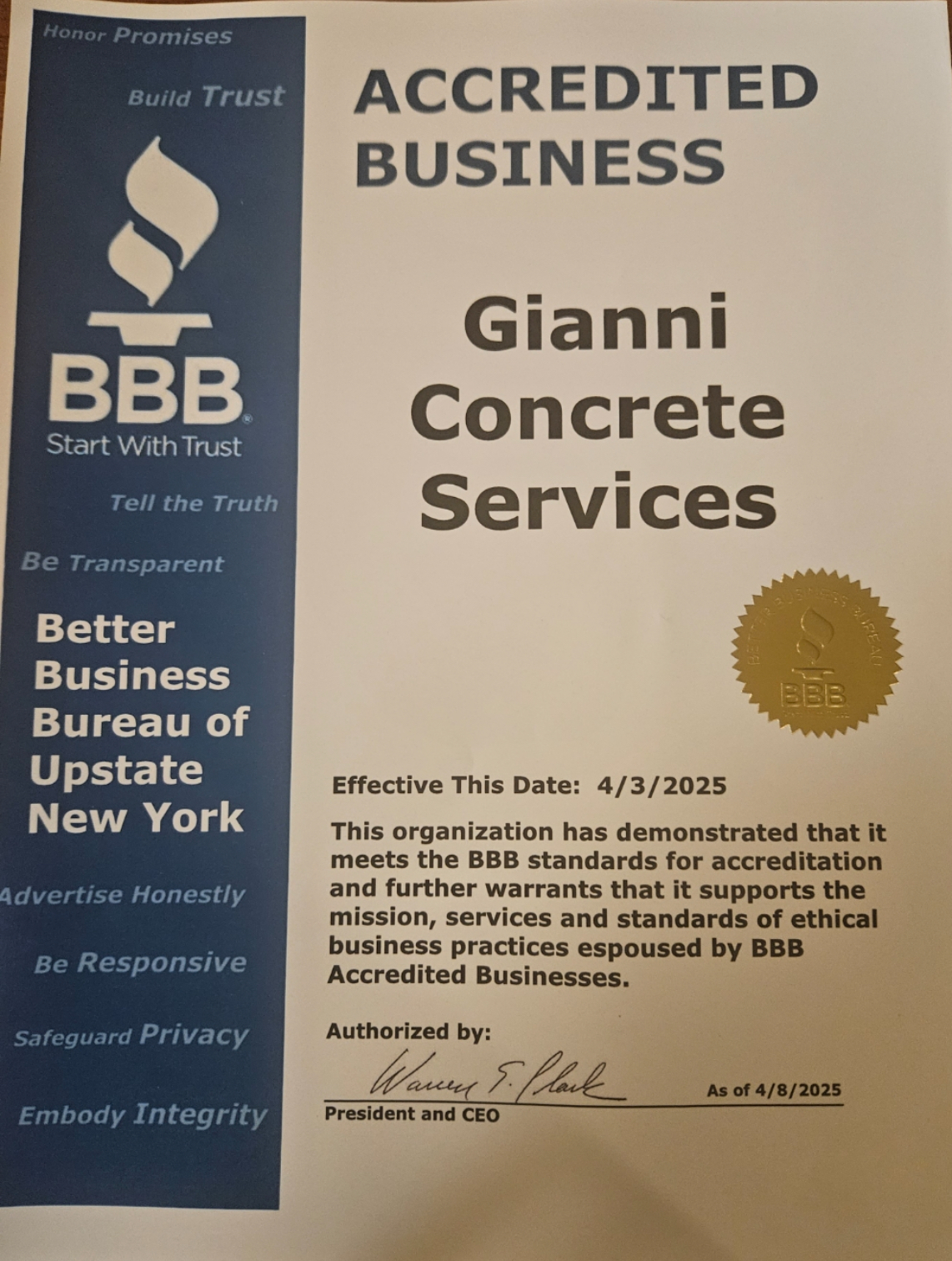 Better Business Bureau Accredited Business - Gianni Concrete Services