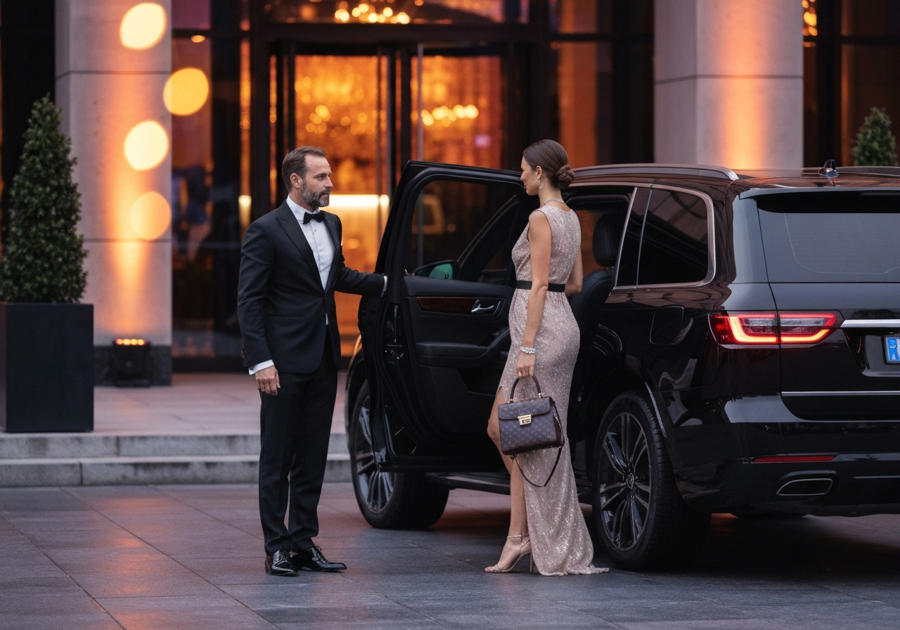 Elegantly dressed people stepping out of a luxury SUV