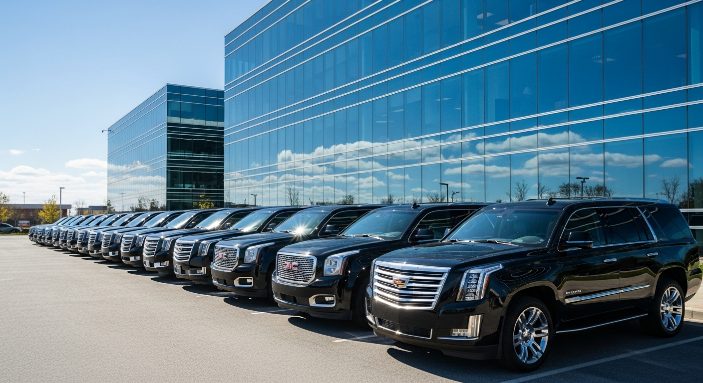Fleet of polished black luxury SUVs
