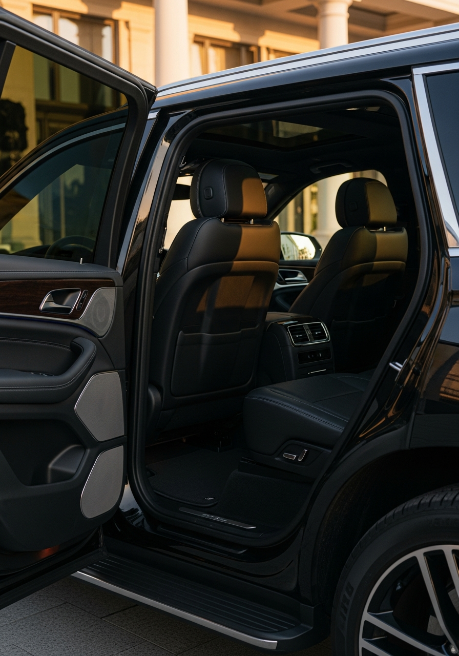 Rear door of a polished black luxury SUV open wide at golden hour outside an elegant venue