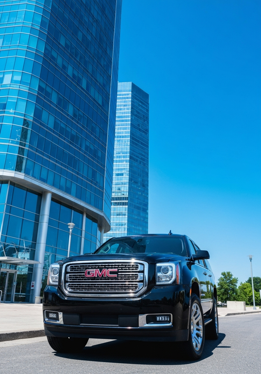 Large black GMC Yukon Denali parked at the entrance of a modern glass office tower on a bright clear day